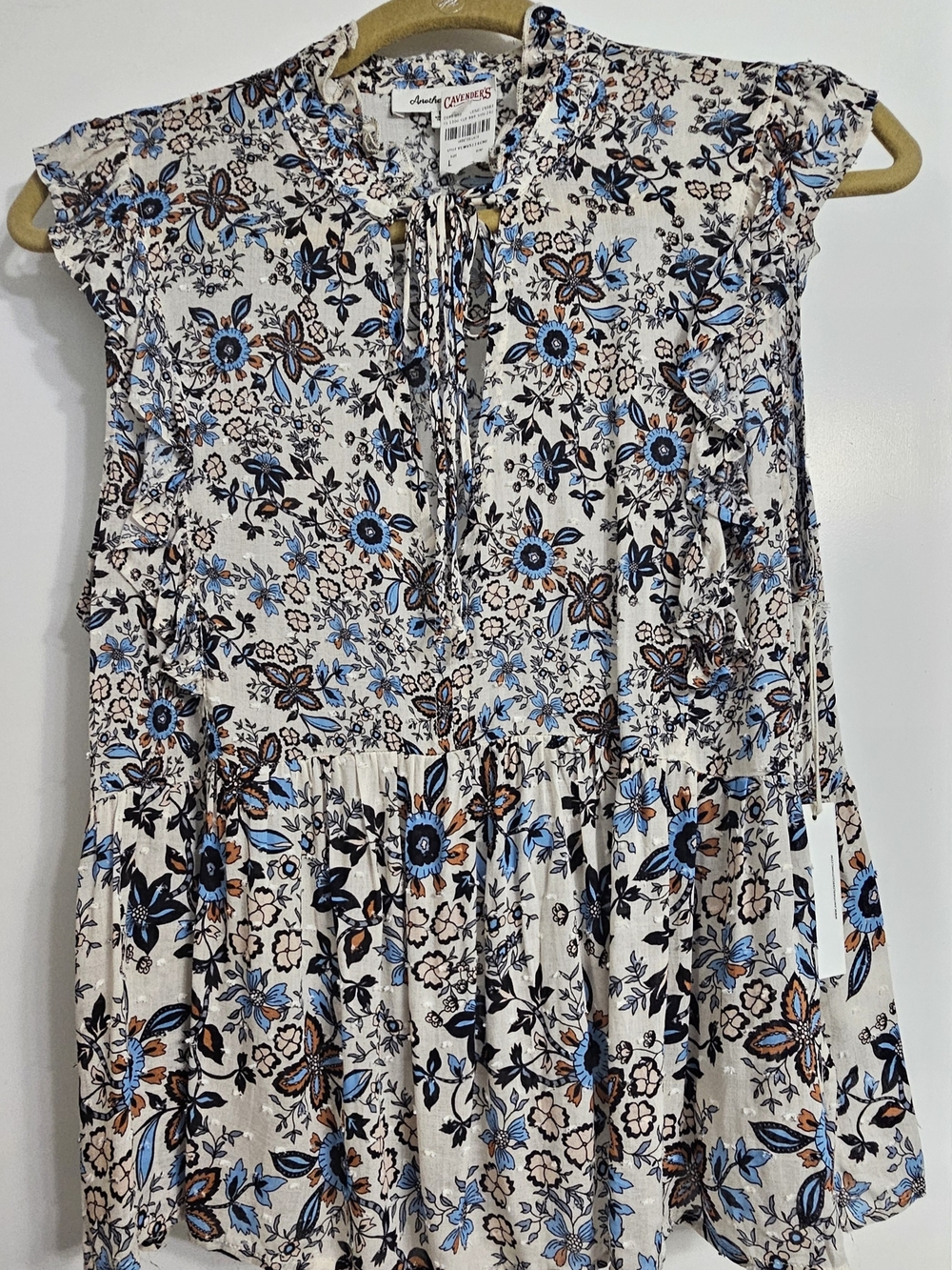 Another Love Cream Floral Ruffle Tie-Neck Blouse with Blue & Brown Accents